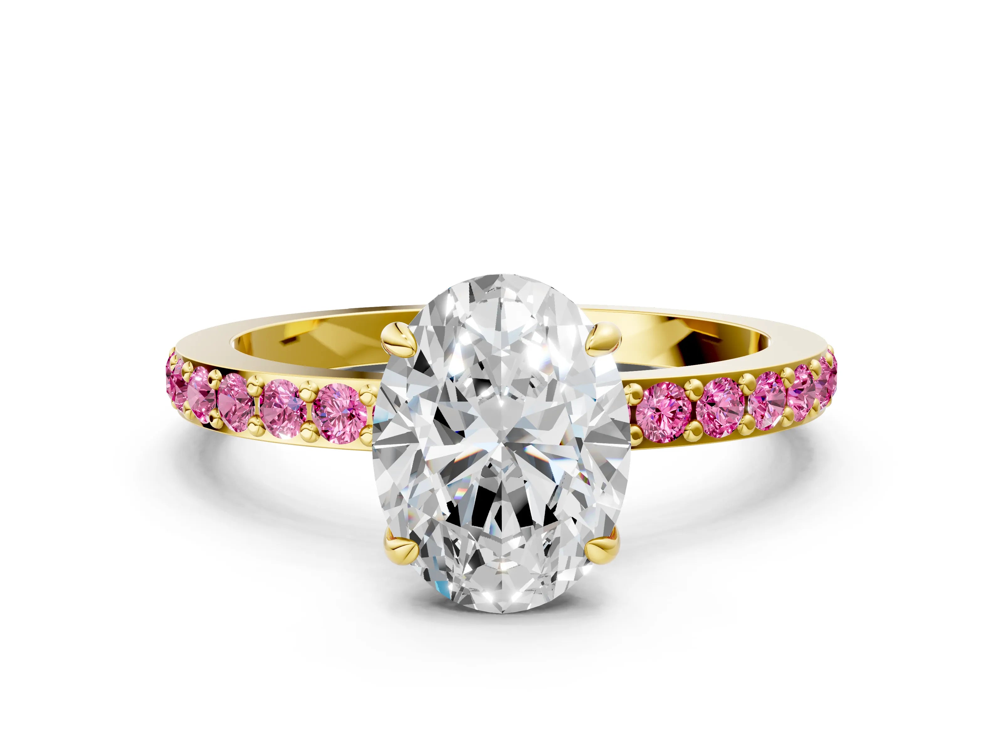 Yellow gold Oval Cut Diamond Pavé Engagement Ring with Round with Pink Sapphire side stone Accents and Prong Setting