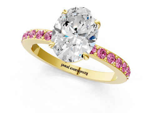 Yellow gold Oval Cut Diamond Pavé Engagement Ring with Round with Pink Sapphire side stone Accents and Prong Setting_1