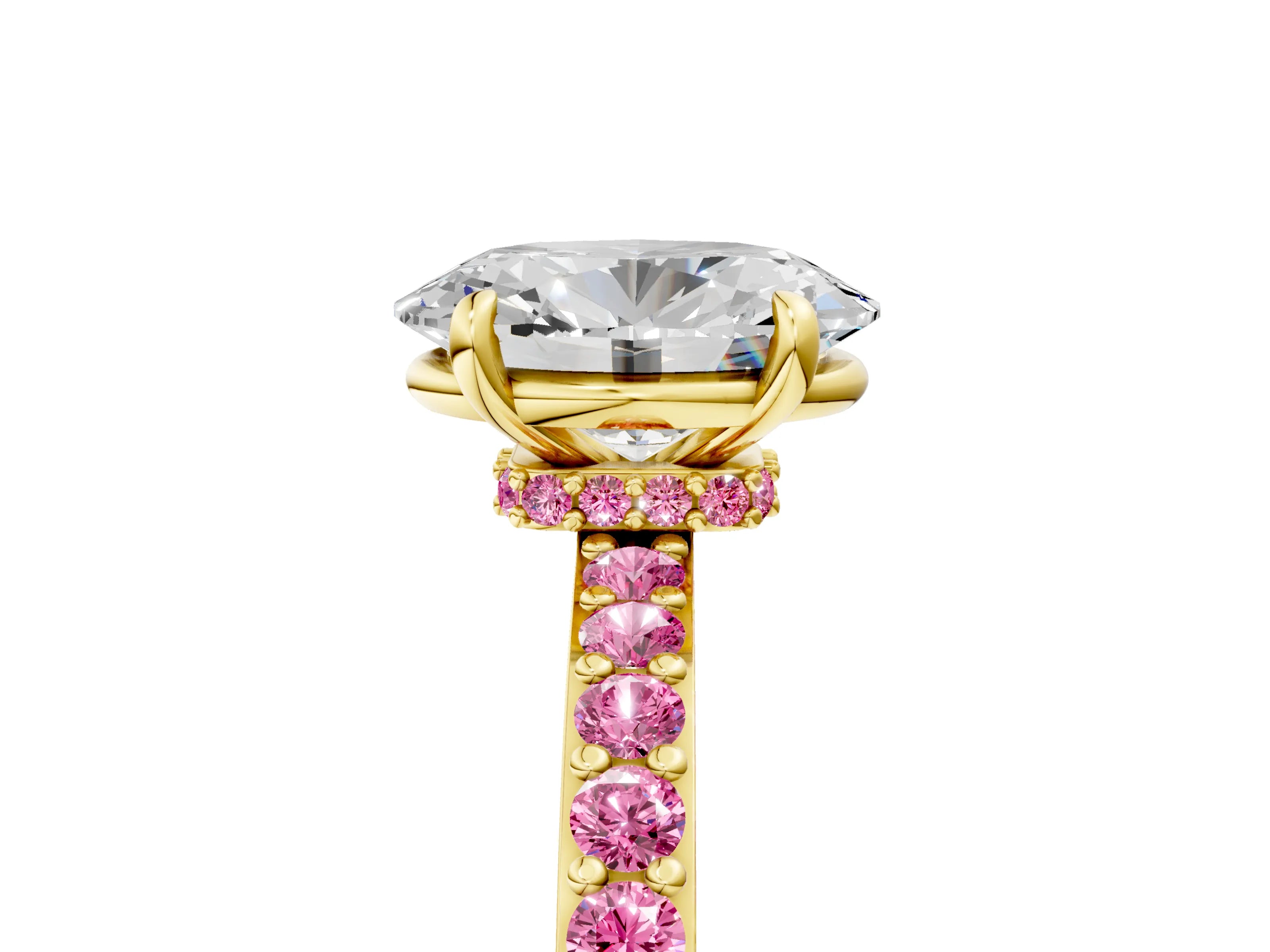 Yellow gold Oval Cut Diamond Pavé Engagement Ring with Round with Pink Sapphire side stone Accents and Prong Setting_5