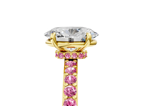 Yellow gold Oval Cut Diamond Pavé Engagement Ring with Round with Pink Sapphire side stone Accents and Prong Setting_5
