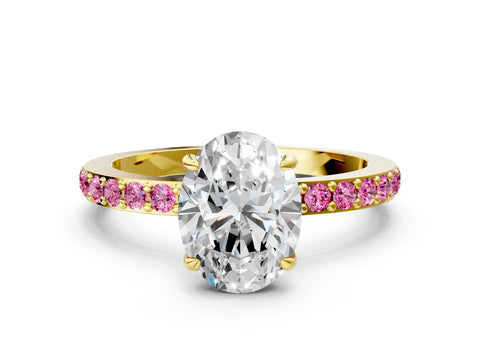 Yellow gold Oval Cut Diamond Pavé Engagement Ring with Round with Pink Sapphire side stone Accents and Prong Setting