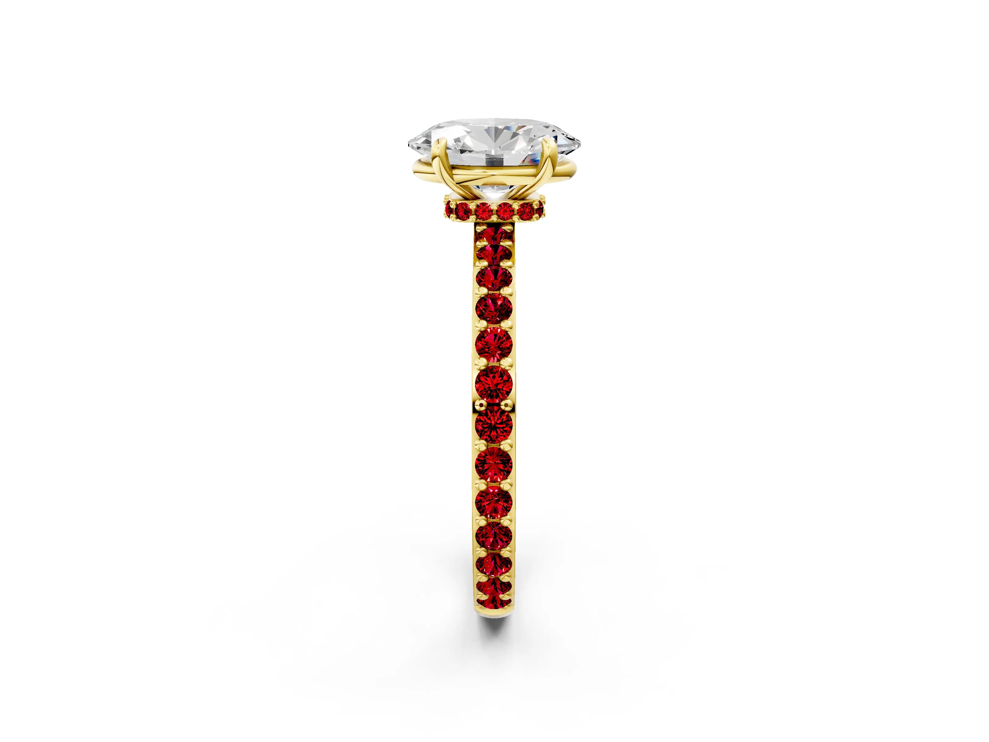 Yellow gold Oval Cut Diamond Pavé Engagement Ring with Round with Ruby side stone Accents and Prong Setting_2