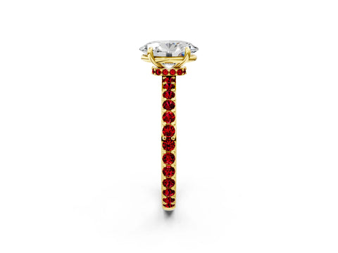 Yellow gold Oval Cut Diamond Pavé Engagement Ring with Round with Ruby side stone Accents and Prong Setting_2