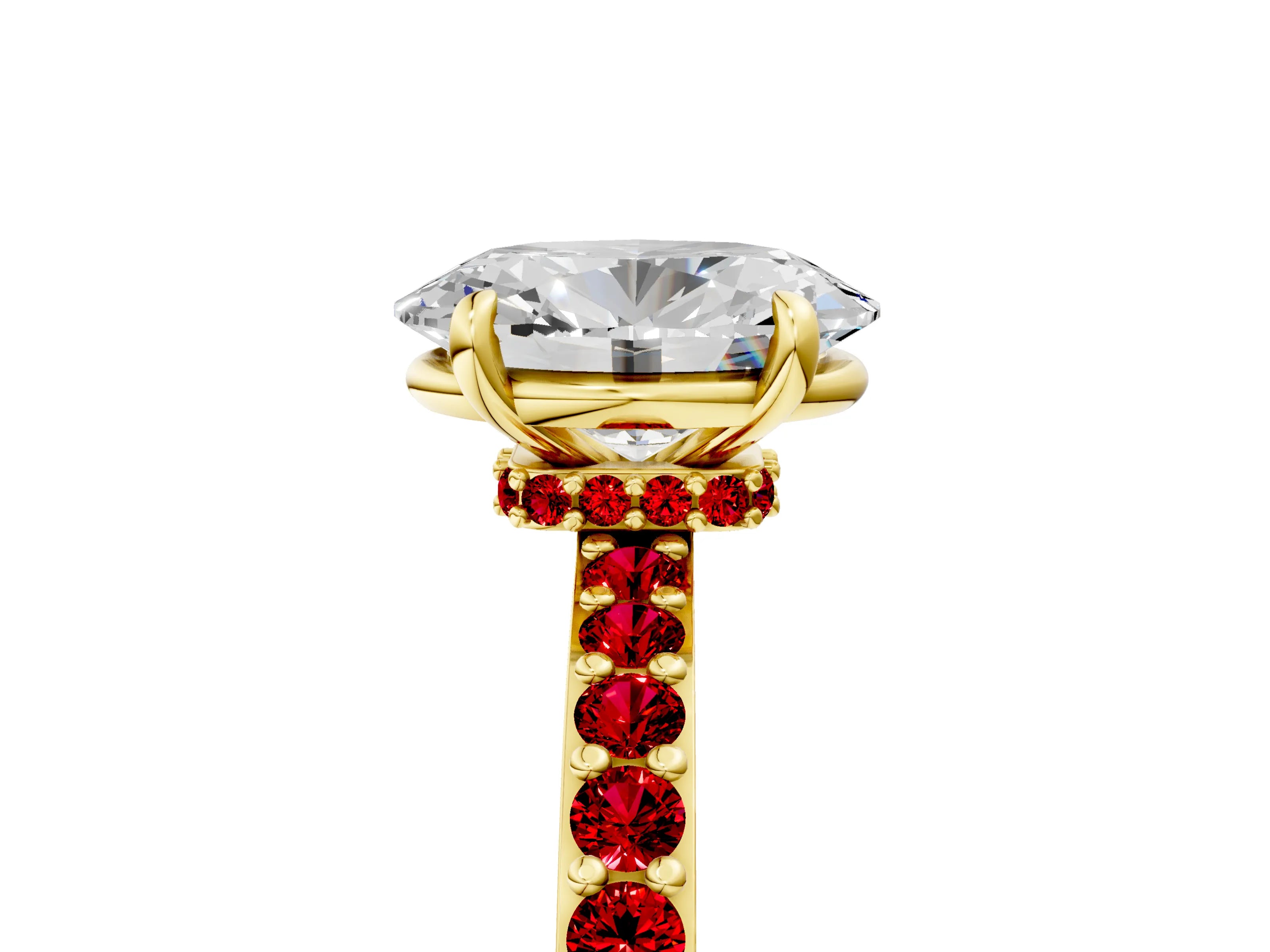 Yellow gold Oval Cut Diamond Pavé Engagement Ring with Round with Ruby side stone Accents and Prong Setting_5
