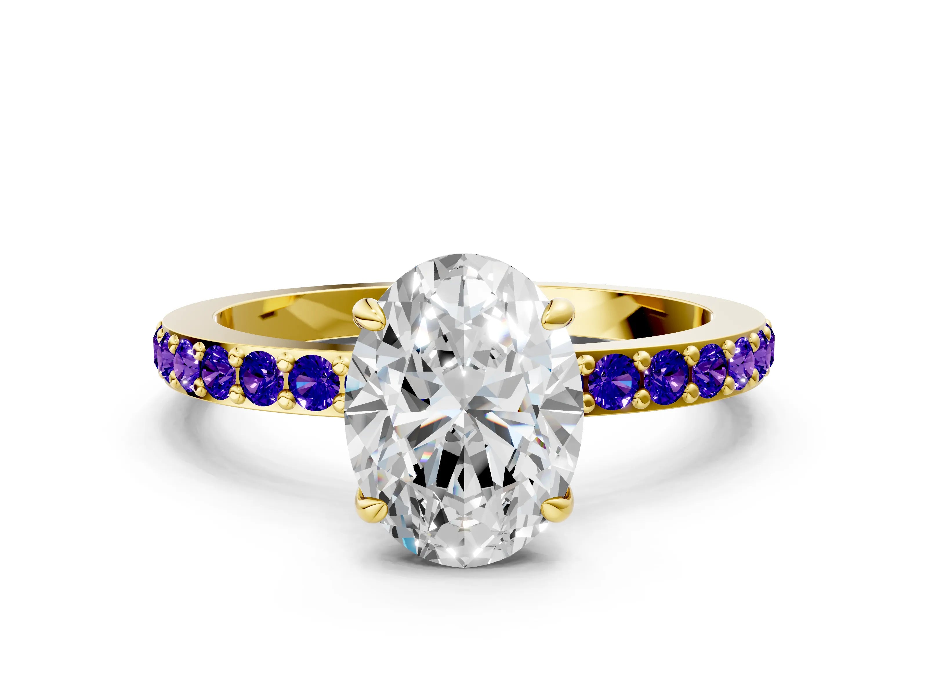 Yellow gold Oval Cut Diamond Pavé Engagement Ring with Round with Tanzanite side stone Accents and Prong Setting