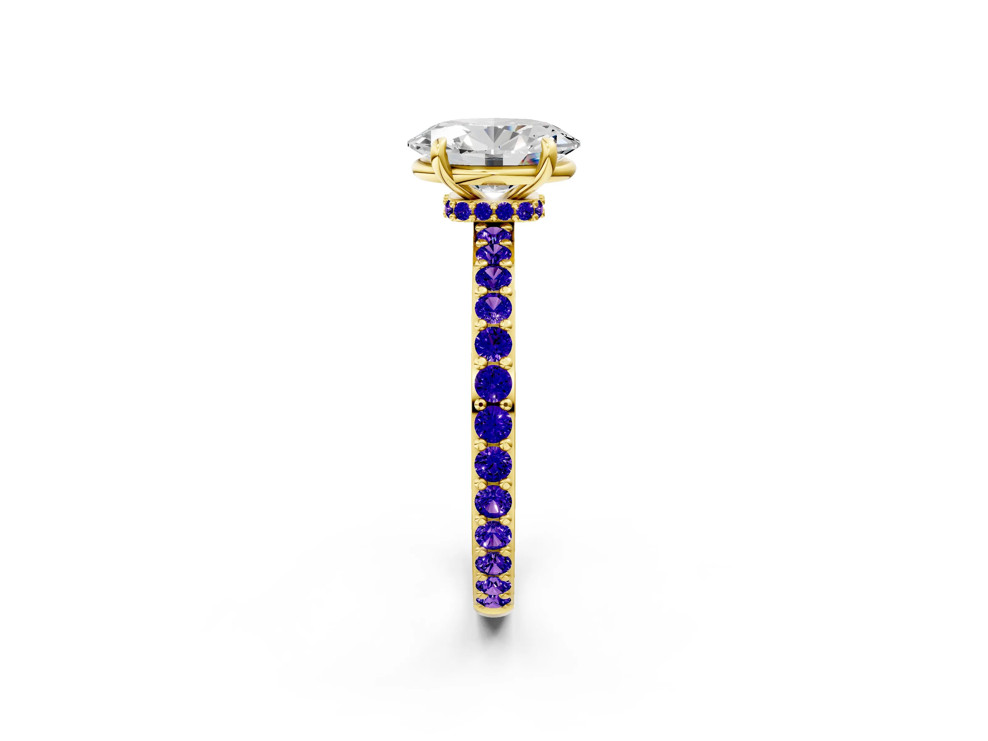 Yellow gold Oval Cut Diamond Pavé Engagement Ring with Round with Tanzanite side stone Accents and Prong Setting_2