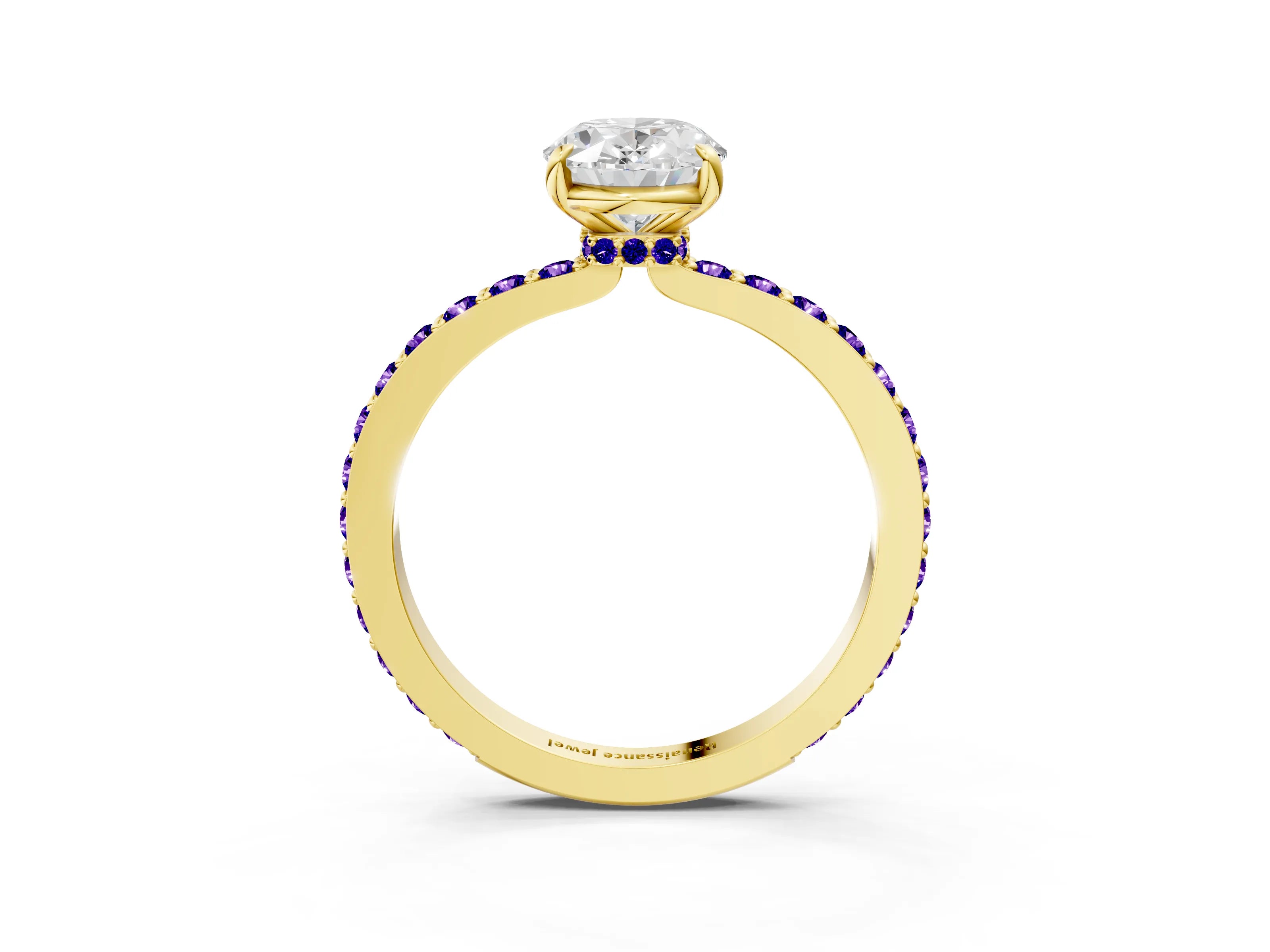 Yellow gold Oval Cut Diamond Pavé Engagement Ring with Round with Tanzanite side stone Accents and Prong Setting_3