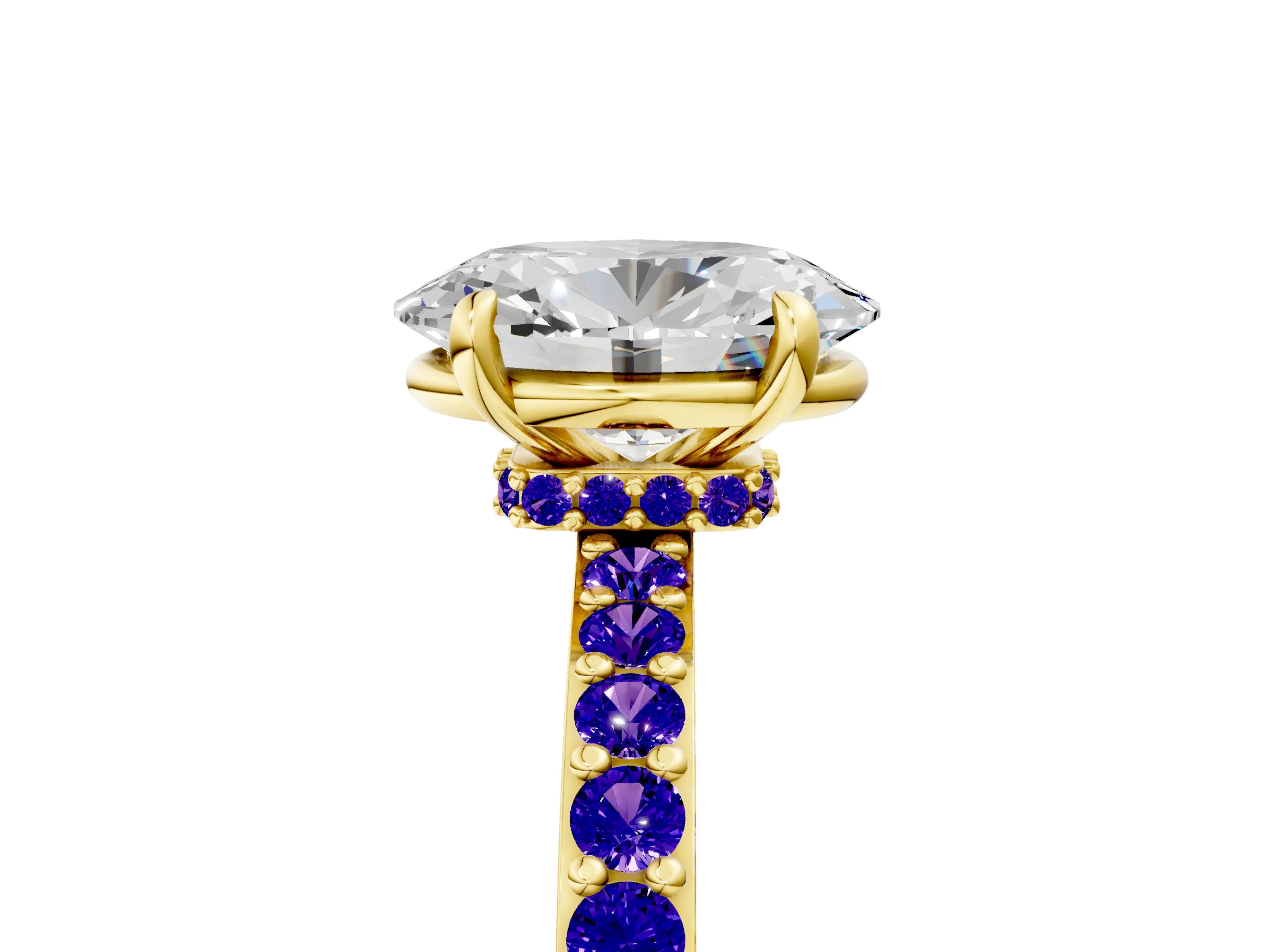 Yellow gold Oval Cut Diamond Pavé Engagement Ring with Round with Tanzanite side stone Accents and Prong Setting_5