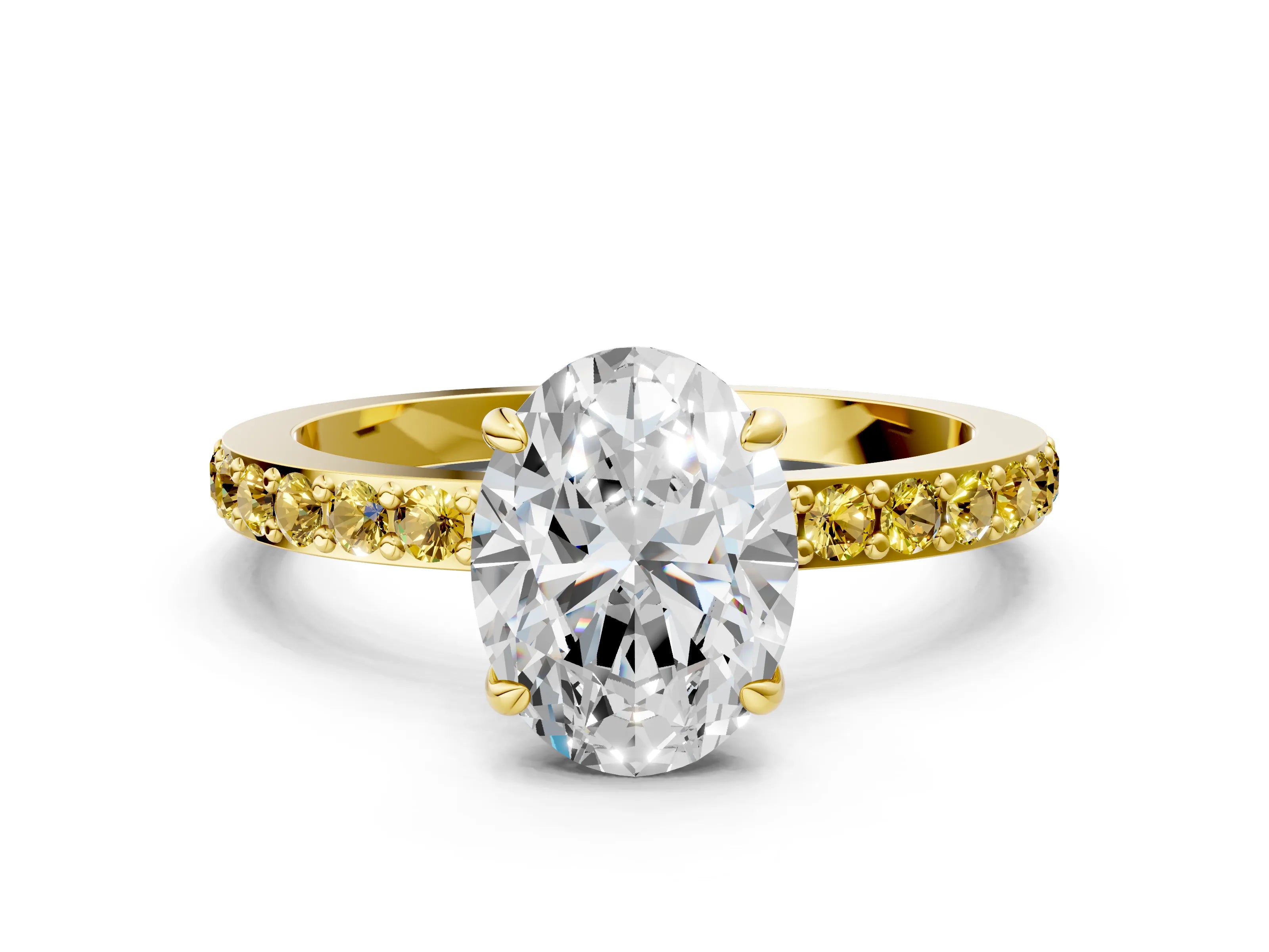Yellow gold Oval Cut Diamond Pavé Engagement Ring with Round with Yellow Sapphire side stone Accents and Prong Setting