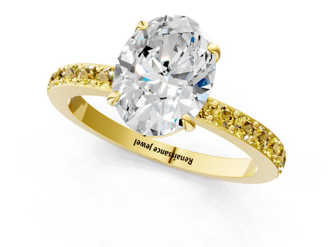 Yellow gold Oval Cut Diamond Pavé Engagement Ring with Round with Yellow Sapphire side stone Accents and Prong Setting_1