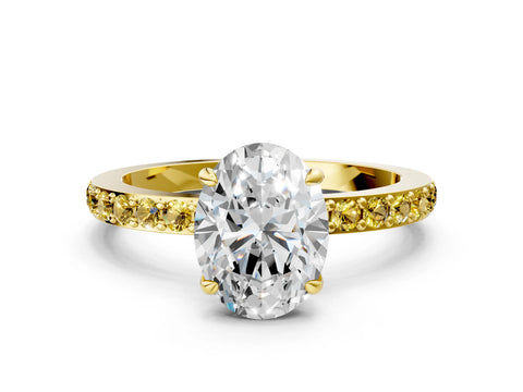Yellow gold Oval Cut Diamond Pavé Engagement Ring with Round with Yellow Sapphire side stone Accents and Prong Setting