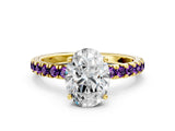 Yellow gold Oval Cut Diamond Pave Band Solitaire Ring with Round with Amethyst side stone and Prong Setting