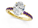 Yellow gold Oval Cut Diamond Pave Band Solitaire Ring with Round with Amethyst side stone and Prong Setting_1