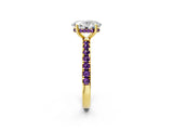 Yellow gold Oval Cut Diamond Pave Band Solitaire Ring with Round with Amethyst side stone and Prong Setting_2