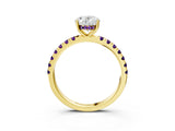 Yellow gold Oval Cut Diamond Pave Band Solitaire Ring with Round with Amethyst side stone and Prong Setting_3