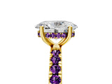 Yellow gold Oval Cut Diamond Pave Band Solitaire Ring with Round with Amethyst side stone and Prong Setting_5