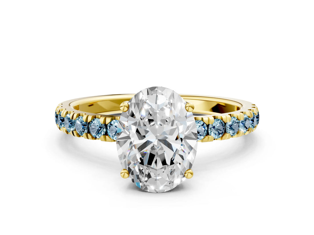 Yellow gold Oval Cut Diamond Pave Band Solitaire Ring with Round with Aquamarine side stone and Prong Setting_12