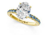 Yellow gold Oval Cut Diamond Pave Band Solitaire Ring with Round with Aquamarine side stone and Prong Setting_13