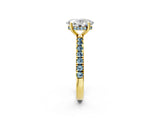 Yellow gold Oval Cut Diamond Pave Band Solitaire Ring with Round with Aquamarine side stone and Prong Setting_14
