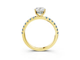 Yellow gold Oval Cut Diamond Pave Band Solitaire Ring with Round with Aquamarine side stone and Prong Setting_15