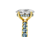 Yellow gold Oval Cut Diamond Pave Band Solitaire Ring with Round with Aquamarine side stone and Prong Setting_17