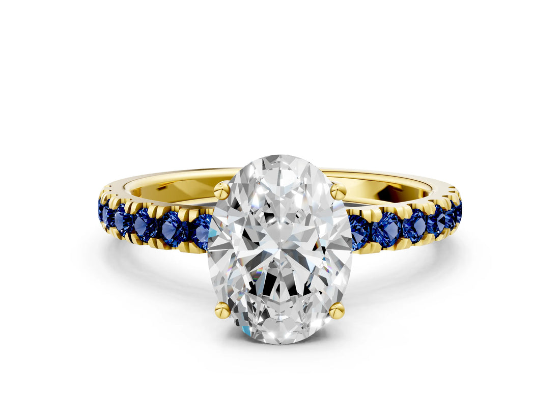 Yellow gold Oval Cut Diamond Pave Band Solitaire Ring with Round with Blue Sapphire side stone and Prong Setting_12