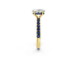 Yellow gold Oval Cut Diamond Pave Band Solitaire Ring with Round with Blue Sapphire side stone and Prong Setting_14