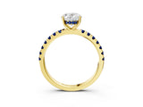 Yellow gold Oval Cut Diamond Pave Band Solitaire Ring with Round with Blue Sapphire side stone and Prong Setting_15