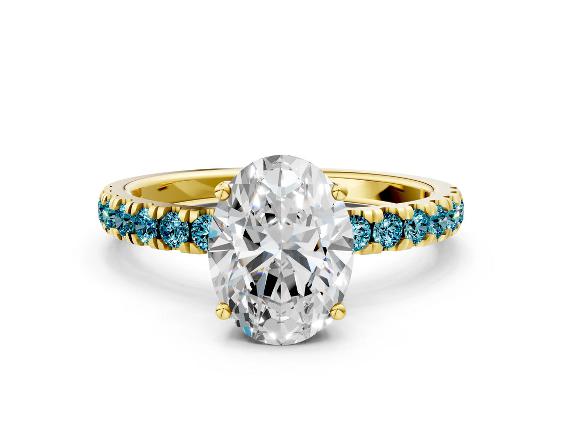 Yellow gold Oval Cut Diamond Pave Band Solitaire Ring with Round with Blue Topaz side stone and Prong Setting_12