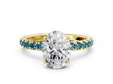 Yellow gold Oval Cut Diamond Pave Band Solitaire Ring with Round with Blue Topaz side stone and Prong Setting_12