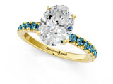Yellow gold Oval Cut Diamond Pave Band Solitaire Ring with Round with Blue Topaz side stone and Prong Setting_13
