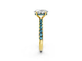 Yellow gold Oval Cut Diamond Pave Band Solitaire Ring with Round with Blue Topaz side stone and Prong Setting_14