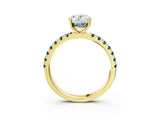 Yellow gold Oval Cut Diamond Pave Band Solitaire Ring with Round with Blue Topaz side stone and Prong Setting_15