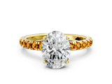 Yellow gold Oval Cut Diamond Pave Band Solitaire Ring with Round with Citrine side stone and Prong Setting