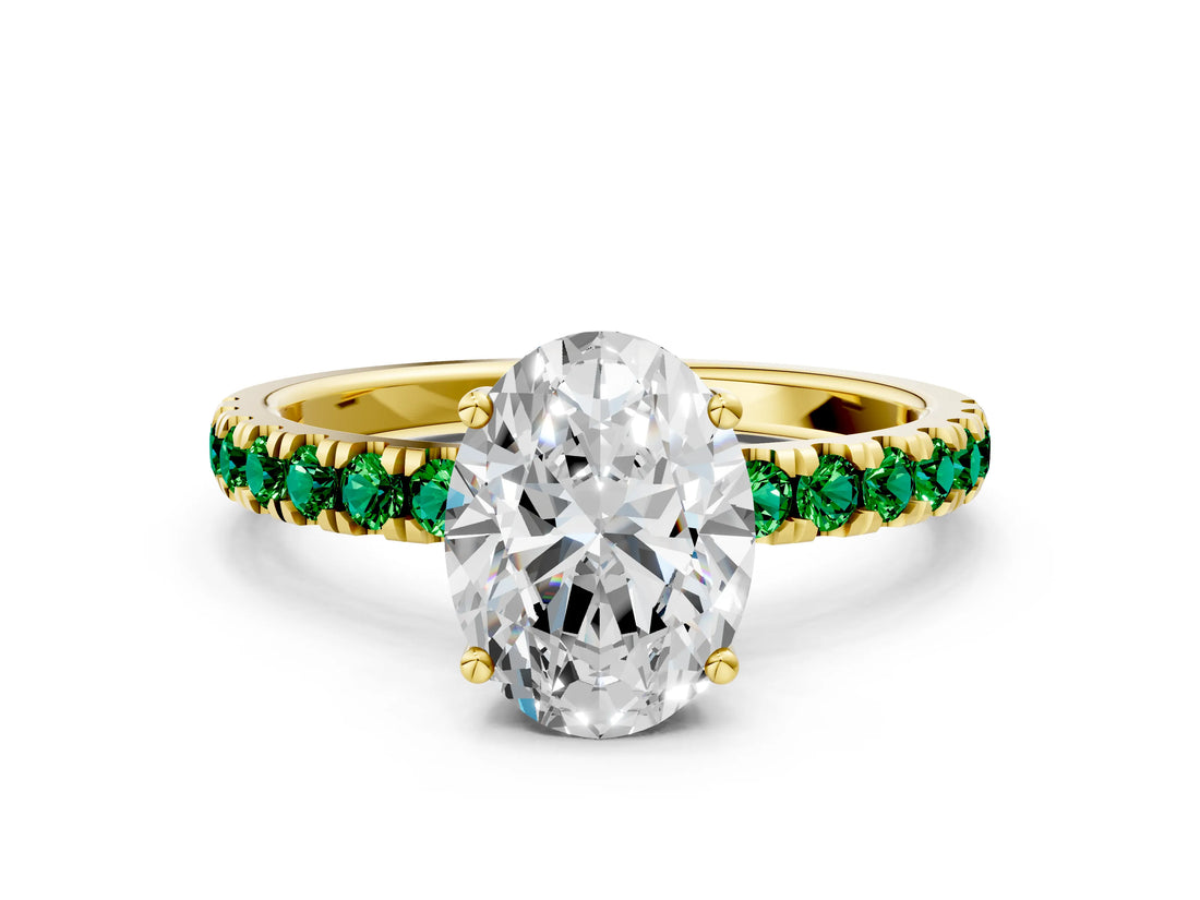 Yellow gold Oval Cut Diamond Pave Band Solitaire Ring with Round with Emerald side stone and Prong Setting