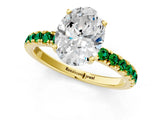 Yellow gold Oval Cut Diamond Pave Band Solitaire Ring with Round with Emerald side stone and Prong Setting_1