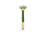 Yellow gold Oval Cut Diamond Pave Band Solitaire Ring with Round with Emerald side stone and Prong Setting_2