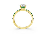 Yellow gold Oval Cut Diamond Pave Band Solitaire Ring with Round with Emerald side stone and Prong Setting_3