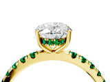 Yellow gold Oval Cut Diamond Pave Band Solitaire Ring with Round with Emerald side stone and Prong Setting_4
