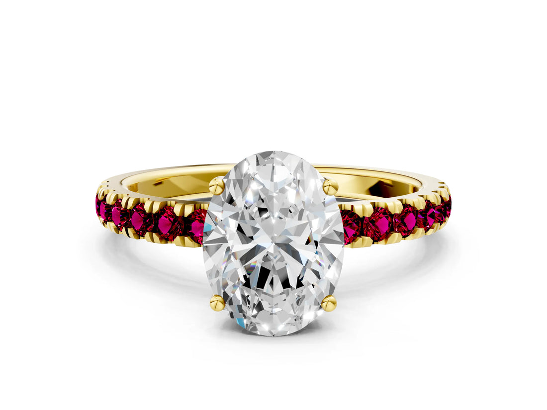 Yellow gold Oval Cut Diamond Pave Band Solitaire Ring with Round with Garnet side stone and Prong Setting_12