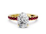 Yellow gold Oval Cut Diamond Pave Band Solitaire Ring with Round with Garnet side stone and Prong Setting_12