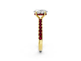 Yellow gold Oval Cut Diamond Pave Band Solitaire Ring with Round with Garnet side stone and Prong Setting_14