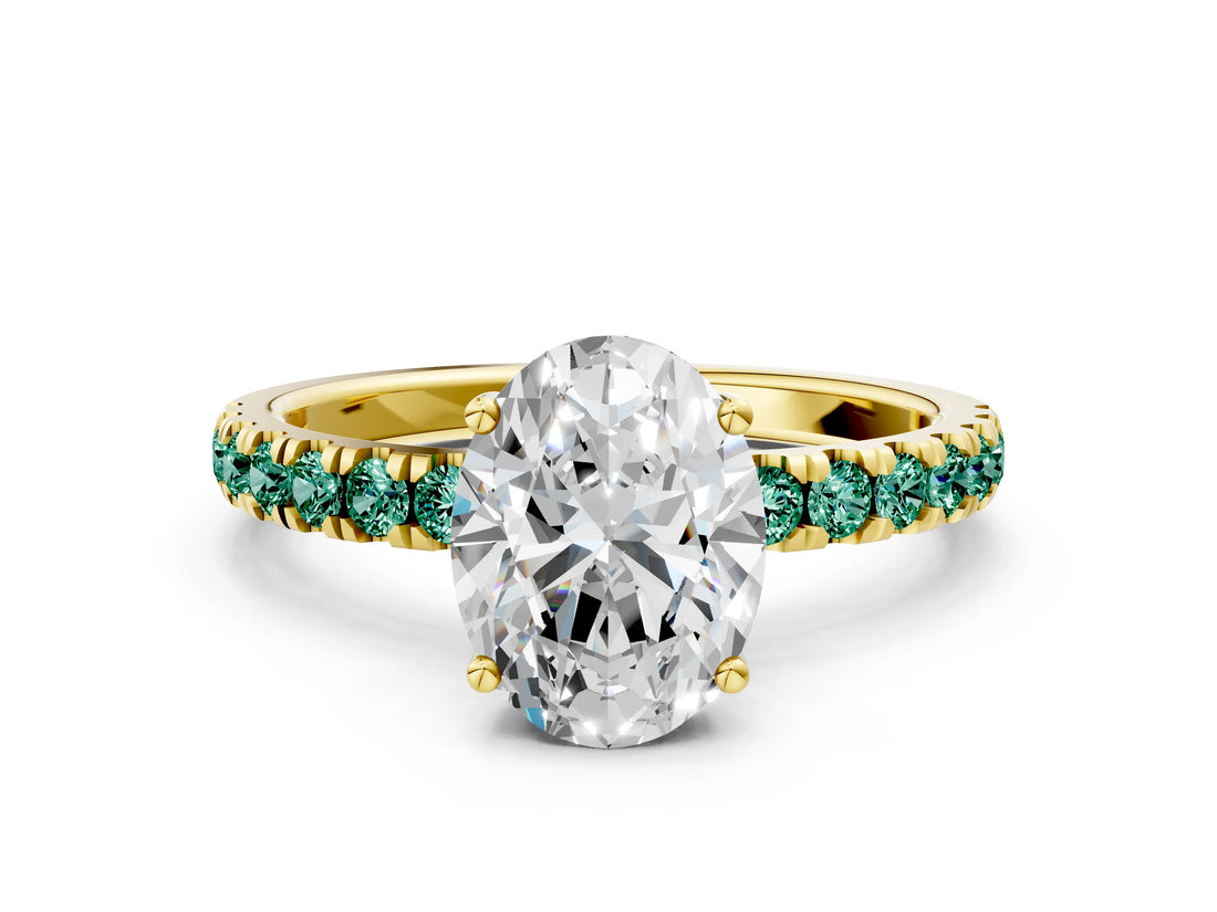 Yellow gold Oval Cut Diamond Pave Band Solitaire Ring with Round with Green Sapphire side stone and Prong Setting_24
