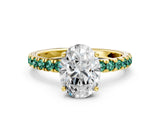 Yellow gold Oval Cut Diamond Pave Band Solitaire Ring with Round with Green Sapphire side stone and Prong Setting_24