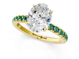 Yellow gold Oval Cut Diamond Pave Band Solitaire Ring with Round with Green Sapphire side stone and Prong Setting_25