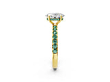 Yellow gold Oval Cut Diamond Pave Band Solitaire Ring with Round with Green Sapphire side stone and Prong Setting_26