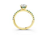Yellow gold Oval Cut Diamond Pave Band Solitaire Ring with Round with Green Sapphire side stone and Prong Setting_27