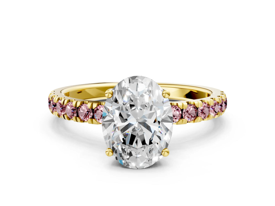 Yellow gold Oval Cut Diamond Pave Band Solitaire Ring with Round with Morganite side stone and Prong Setting_12