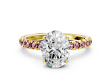 Yellow gold Oval Cut Diamond Pave Band Solitaire Ring with Round with Morganite side stone and Prong Setting_12