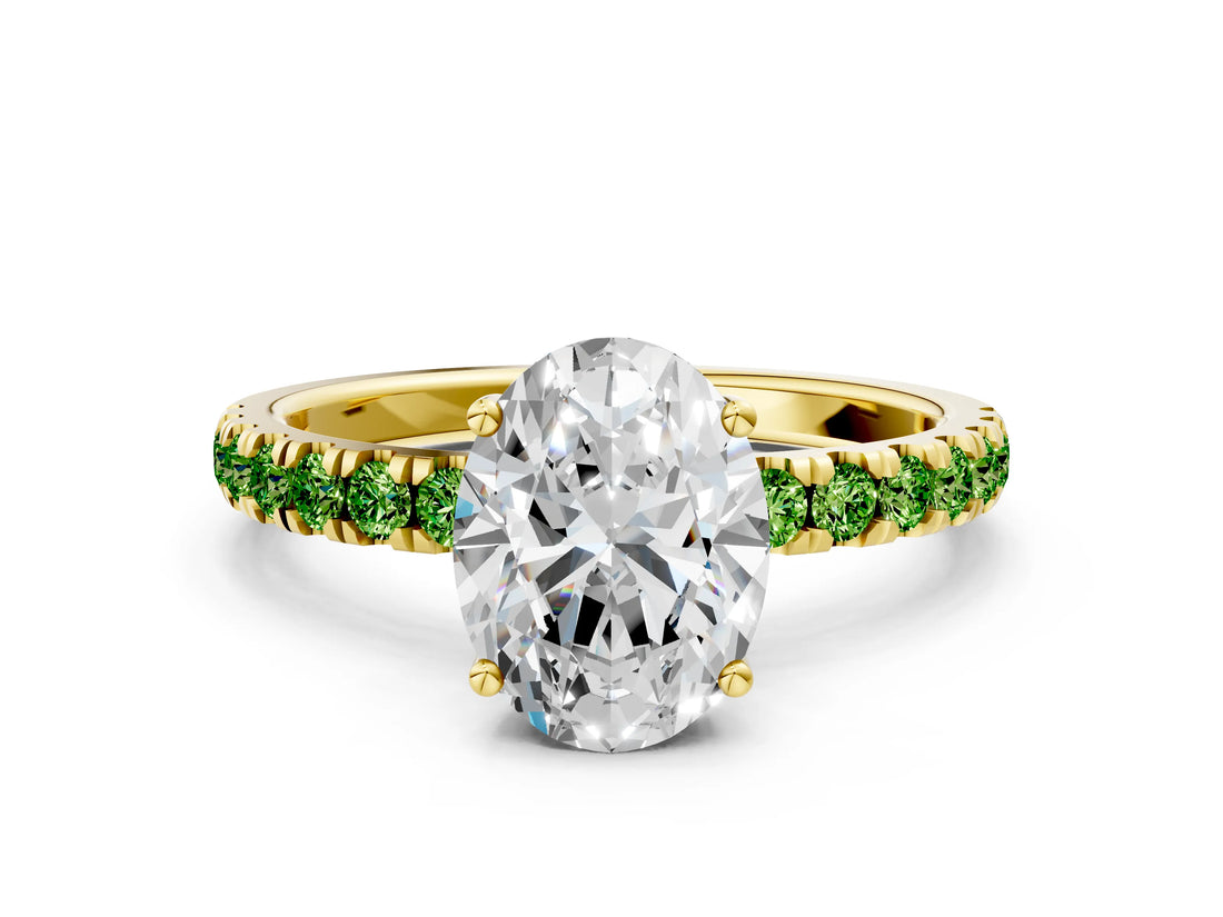 Yellow gold Oval Cut Diamond Pave Band Solitaire Ring with Round with Peridot side stone and Prong Setting